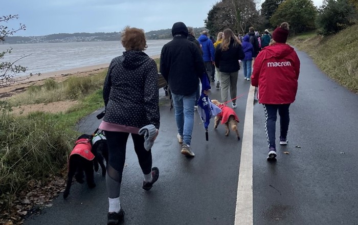 Group of people walking along a path by the sea