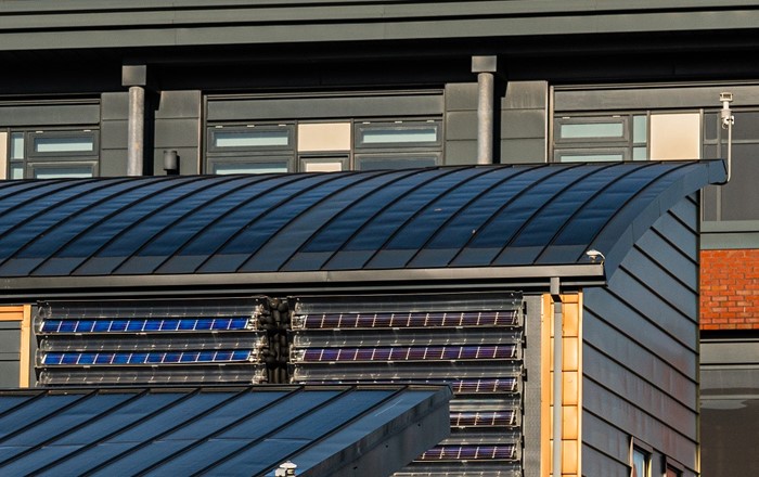 Building Integrated Solar Panels, supplied by BIPVCo, on the roofs of the Active Buildings at Swansea University, which generate, store and release their own electricity