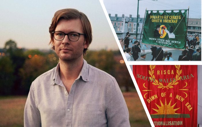 Larger heard and shoulders image of man wearing glasses alongside two smaller pictures showing two decorated banners