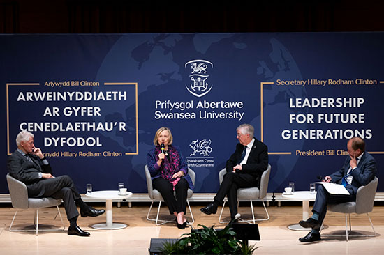 President Clinton, Secretary Clinton, First Minister Mark Drakeford, Vice-Chancellor Professor Paul Boyle