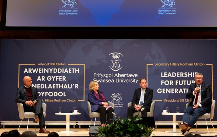 Nick Gliddon, Vodafone’s Director of Business, is pictured with Secretary Hillary Clinton, Councillor Rob Stewart, Chair of the Swansea Bay City Region Joint Committee and Andrea Dona, Vodafone Director of Network and Development.