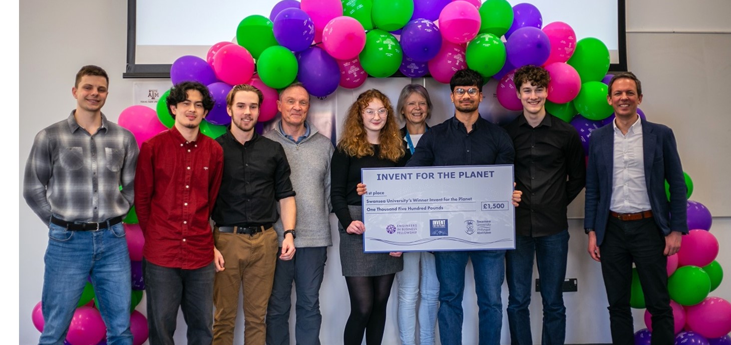 Winning team Pure Flow with competition judges, at the Swansea University event. They went on to reach the European semi-final of Invent for the Planet