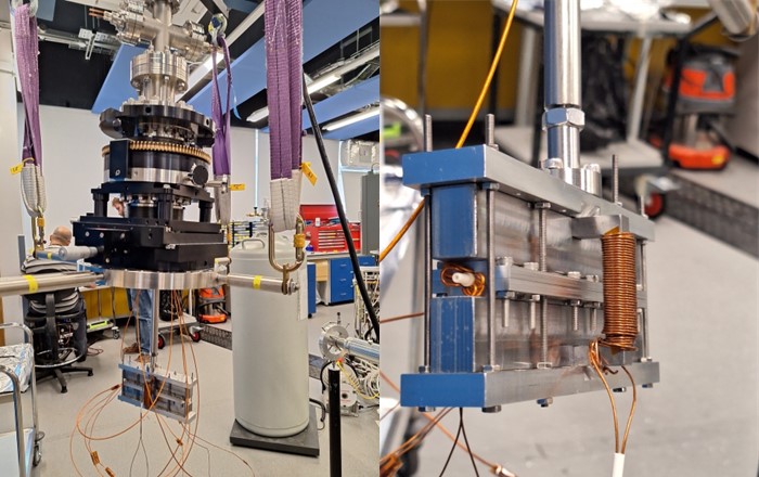 Left: The magnetic encoding device lifted by a crane before being attached to beam line. Right: A close-up of the magnetic encoding device before it was attached. The atomic beam enters the device through the hollow white ceramic tube shown. (Credit: Morgan Lowe)