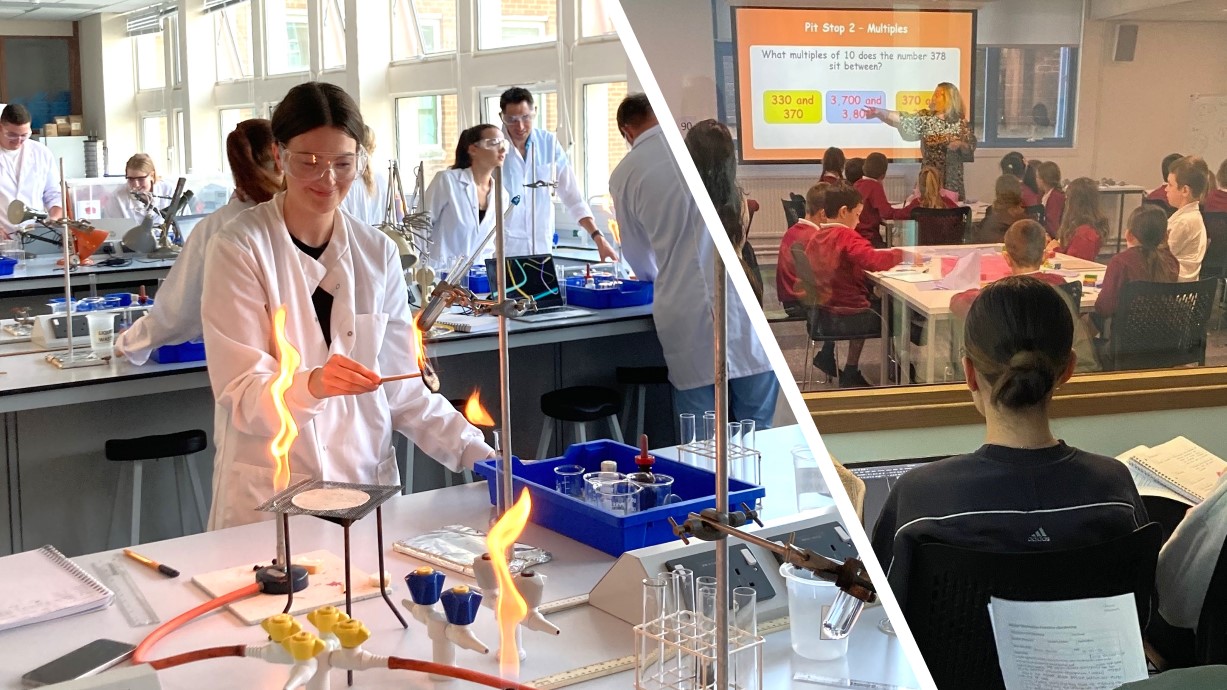 Two photos showing how student teachers learn through the Swansea University Schools' Partnership. Left: Secondary student teachers doing science experiments using Bunsen burners. Right: A group of student teachers using an observational classroom to watch a teacher's questioning in mathematics.