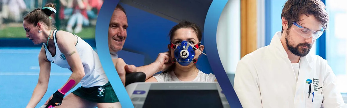 Female athletes playing hockey and being tested in a lab