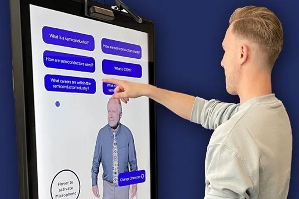 A person engaging with an AI kiosk 