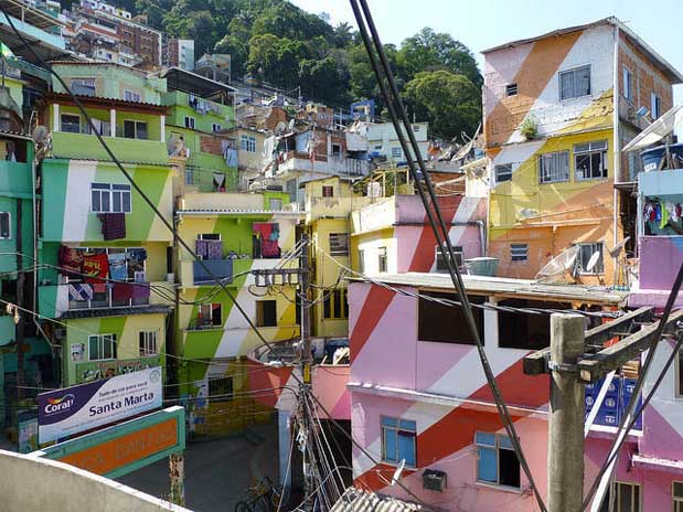 Many brightly coloured building grouped together