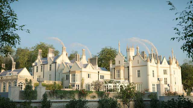 A large building with smoke coming out of the chimneys