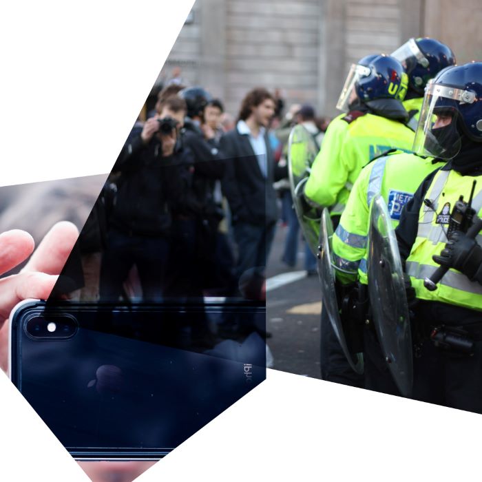 two images, one showing protestors and police, the other showing a hand held phone making a recording