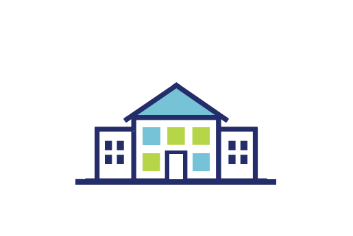 Graphic of an accommodation block in the Swansea University colours, blue, green and white