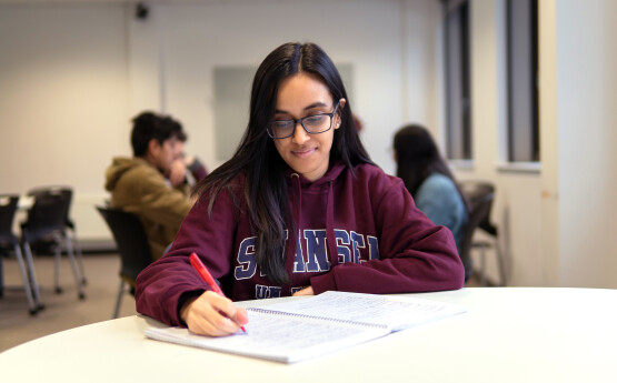 student sitting at desk with pen in hand