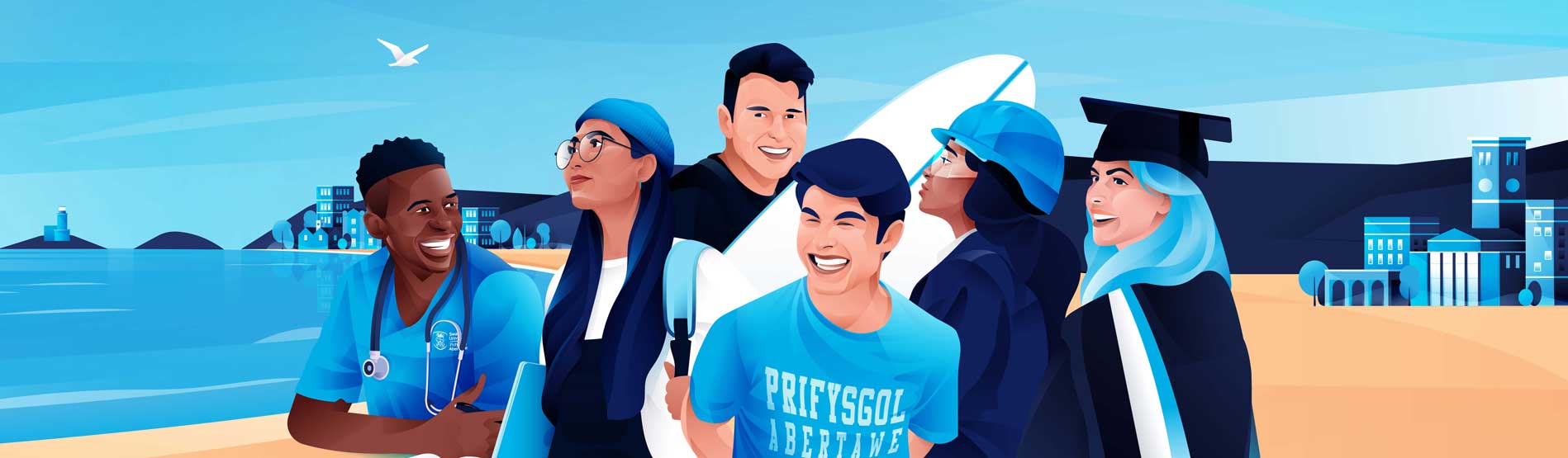 Illustration of Swansea university students